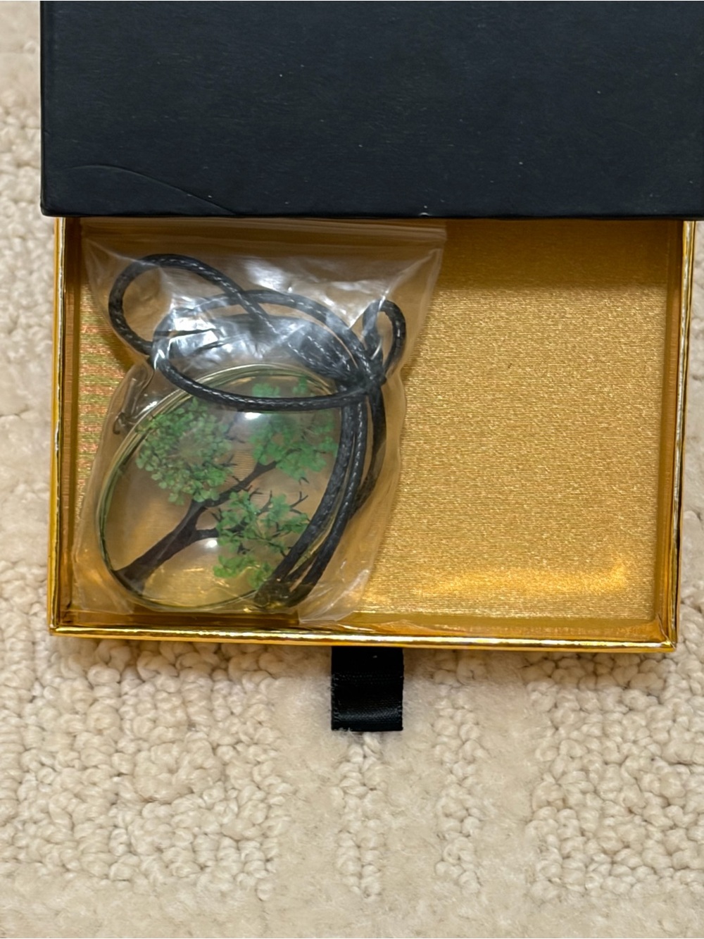 Aphrodite Green Tree of Life Glass Pendant on Black Cord